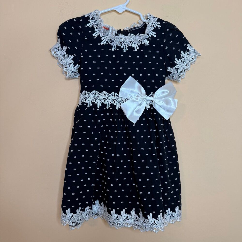 Mina size 2 black and white polka dot dress white lace trim white bow made in Vi - Picture 1 of 4